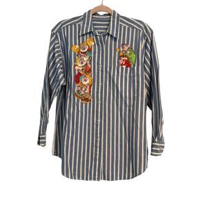 [Vintage] Snow White Seven Dwarves Blue & White Striped Button Up Shirt - Size L